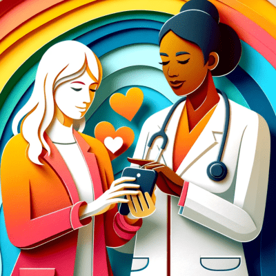 Banner in a vibrant, layered-paper art style for a healthcare website. It features a racialized female doctor and a patient, both looking at a smartphone held by the patient. The doctor, dressed in professional attire with a stethoscope, stands beside the patient, symbolizing diversity and inclusivity in healthcare. Their expressions convey understanding and gratitude. The smartphone screen, a focal point, represents access to digital health information, emphasizing patient empowerment. The background is a warm gradient of bright, welcoming colors, consistent with a healthcare theme. The style is simple, clear, and bold, highlighting the collaborative nature of patient-doctor interactions in a modern healthcare setting.