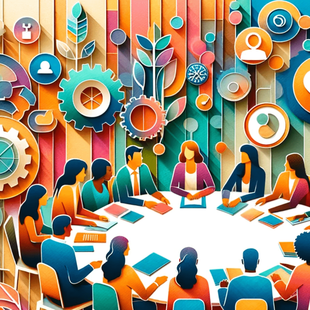 The image is a vibrant, text-free banner in a layered-paper art style, ideal for a healthcare website. It depicts a diverse group of individuals seated around a round table, symbolizing community and collaboration in healthcare. These figures represent various roles, including digital communications advisors, mental health experts, and caregivers. Each person appears actively engaged in discussion, highlighting a sense of involvement and commitment. The background features elements that represent diversity, equity, and inclusion, such as interconnected circles and an array of shapes. The color palette is warm and inviting, with a mix of bright oranges, blues, greens, and purples, creating an atmosphere of warmth and positivity suitable for a healthcare setting.